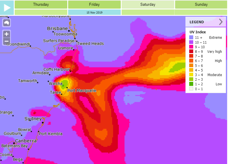 The UV forecast showing reduced areas of UV where bushfire smoke was present.